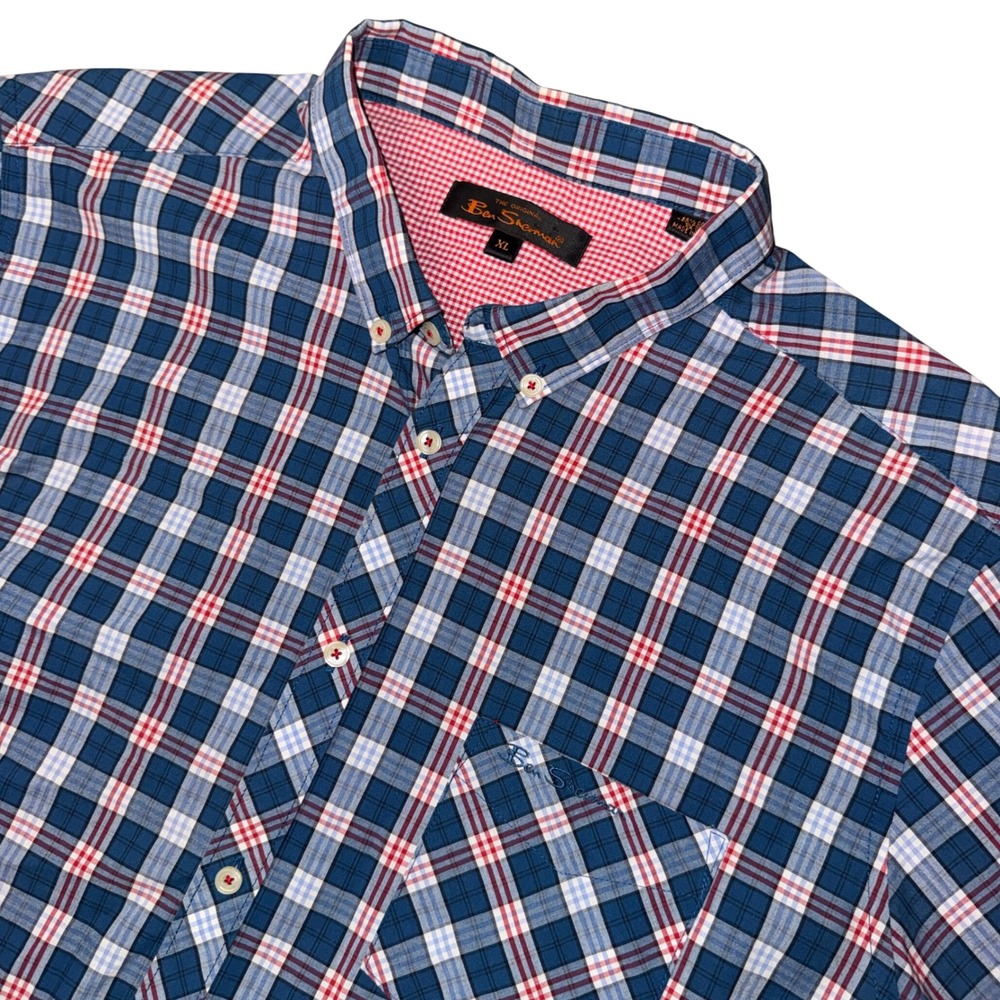 Ben Sherman Button Down Shirt XL Blue Red Plaid Long Sleeve Logo Pocket